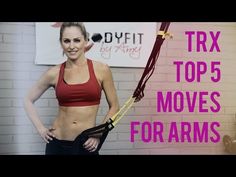 a woman in a red sports bra top and black leggings with the words trx top 5 moves for arms