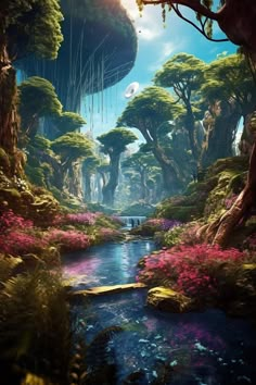 an artist's rendering of a fantasy landscape with trees and flowers in the foreground