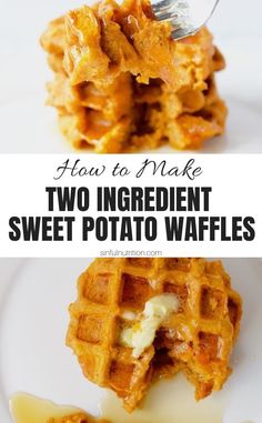 two ingredient sweet potato waffles on a white plate with butter and syrup drizzled over the top