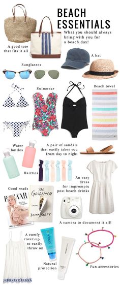 beach essentials for the summer season info sheet with images and text on it, including sunglasses