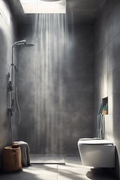 Modern bathroom with a rainfall shower, gray tiles, towel on a wooden stool, and a toilet. Wet Room Layout, Wet Room Ideas, Teak Shower Floor, Small Wet Room, Wet Room Bathroom, Modern Fixtures, Ideas For Small Bathrooms, Sunroom Furniture, Water Resistant Flooring