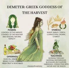 a woman in a green dress with the words demeter greek goddesss of the harvest