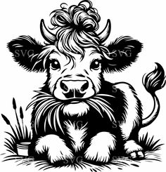 a black and white drawing of a cow with a flower in its hair sitting on the ground