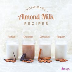 almonds, milk and other ingredients in jars with the words homemade almond milk recipes