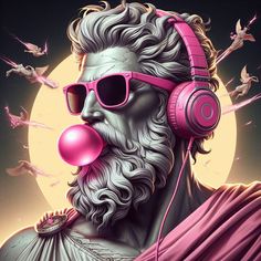 a man with headphones and pink earbuds in front of a full moon