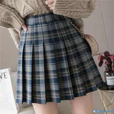 Orcajump - Video-Proof Checkered Pleated Skirt - Short A-Line Skirt Winter Blue Pleated Skirt, Blue Casual Pleated Skirt, Winter Pleated Skirt For School, Casual Pleated Plaid Skirt, School Mini Skirt For Fall In Blue, Winter School Bottoms: Lined Skirt, Winter School Lined Skirt, Blue High-waisted Winter Skirt, High-waist Blue Skirt For Winter