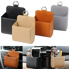 four different color leather car storage bins with keychain and holder for keys