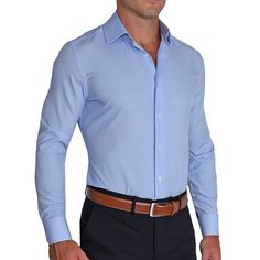 Our signature athletic fit dress shirt crafted from performance stretch fabrics. "The Morrison" Blue and White is an excellent business casual staple that makes a versatile addition to any dress shirt collection. Mens Wardrobe Essentials, Stitch Dress, Stretch Dress Pants, Performance Dresses, Polyester Spandex Fabric, Blue Cross, Dress Shirt Sleeves, Fitted Dress Shirts, Athletic Performance