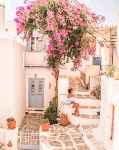 a woman sitting on steps in front of a tree with pink flowers and potted plants