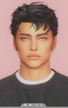 an animated image of a man's face with short black hair and blue eyes