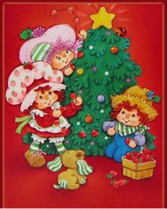 a painting of children decorating a christmas tree with teddy bears and other holiday decorations