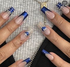 Lifeguard Nails, Nails With Blue Details, Navy Acrylic Nail Designs, Nail Navy Blue, Dark Blue And White Nails, Royal Blue Chrome Nails, Blue Nails French Tip, Long Nails Blue, Gel Nails Chrome