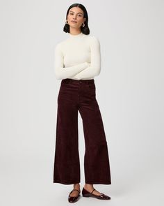 This extra wide leg is designed with a high-rise and a cropped ankle length silhouette. This on-trend style is cut from our ultra-soft velvet corduroy in dark oxblood red with just the right amount of stretch for a perfect fit. | Harper Ankle Wide Leg Pant - Dark Oxblood Corduroy | Size 33 Velvet Pants Outfit, Corduroy Pants Outfit, Oxblood Red, Men Store, Velvet Pants, Wide Leg Pant, Bottom Clothes, New Wardrobe, Corduroy Pants