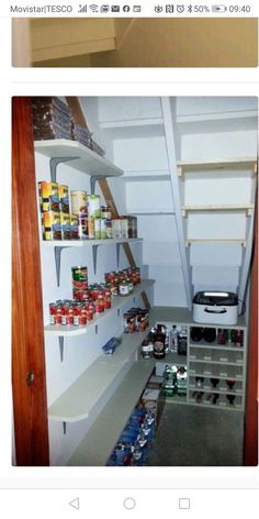 an open pantry with canned food on the shelves and other items in the bins