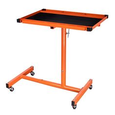 an orange and black table with wheels on it