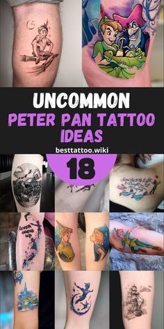 the cover up to peter pan tattoo is shown with images of cartoon characters on it