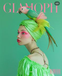 a magazine cover with a woman in green dress and parrot on top of her head