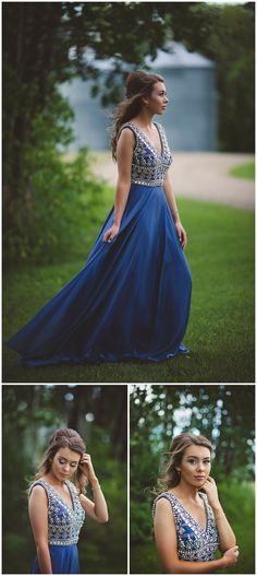 a woman in a long blue dress poses for the camera and looks off into the distance