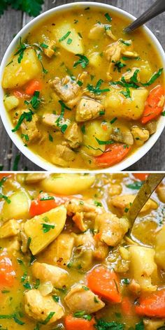 two pictures of chicken stew with carrots, potatoes and parsley