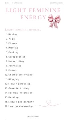 Feminine Energy Habits, Light Feminine Tips, Soft And Feminine Aesthetic, How To Become More Feminine, Light Feminine Energy Aesthetic, Glowup List, How To Be Soft And Feminine, Girly Habits, Feminine Energy Tips