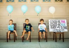 three young boys sitting in chairs with signs and balloons behind them that read could be pink could be blue baby - 4 is due