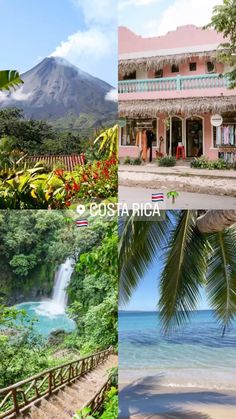 three different pictures with the words costa rica in front of them and an image of a waterfall