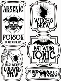 black and white halloween labels with skulls, bats, spider webs and witches brew