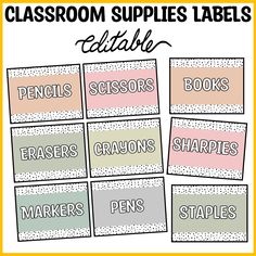 classroom supplies labels with the words books, crayons, markers and pencils