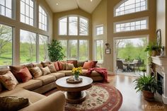 a living room filled with lots of furniture and large windows above the fire place in front of a fireplace