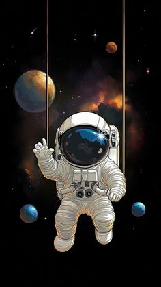 an astronaut floating in outer space with planets around him and hanging from strings above his head