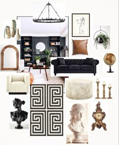 a collage of black and white furniture, paintings, vases and other items