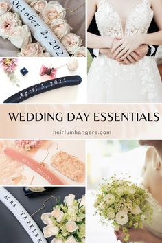 wedding day essentials for the bride and groom, including bridal gowns, flowers, hair combs