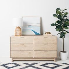 a wooden dresser sitting next to a potted plant on top of a white rug