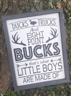 a sign on the side of a tree that says ducks and eight point bucks that's what little boys are made of