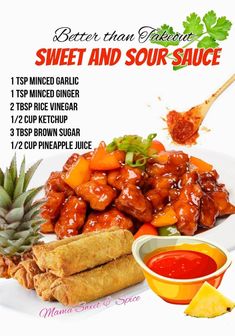 an advertisement for sweet and sour sauce on a plate with pineapples, breadsticks