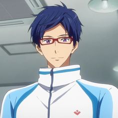 an anime character with glasses and blue hair