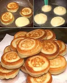 there are many pancakes being cooked in the pans and then put on top of each other