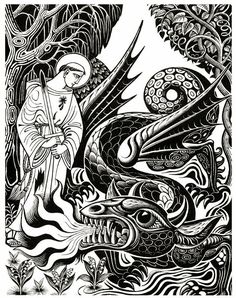 a black and white drawing of a dragon with an angel on it's back