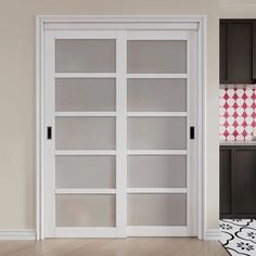 an empty room with two white doors and black cupboards on the wall, in front of a patterned area rug