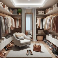 an organized closet with shoes, bags and handbags on the floor next to a chair