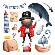 a watercolor painting of a pirate with his stuff and other things to be found in the ocean