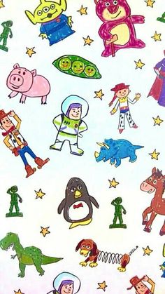 an image of children's cartoon characters on white paper with stars and animals in the background