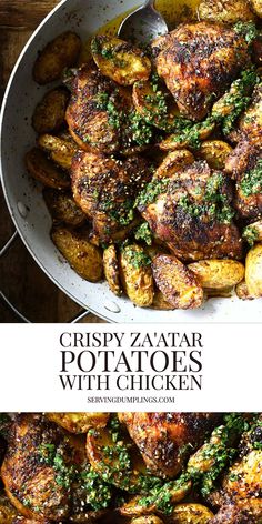 crispy zaatar potatoes with chicken in a pan