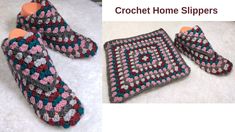 crochet home slippers are laying on the floor next to an empty pair of socks