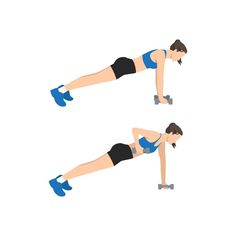 a woman doing push ups with dumbbells on one side and another in the other