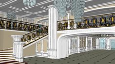 an artistic rendering of the inside of a building with stairs and chandeliers hanging from the ceiling