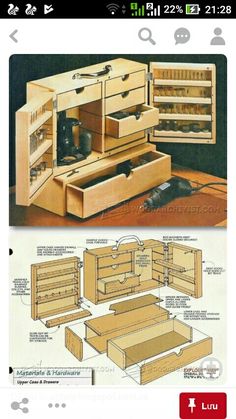 woodworking plans and instructions for drawers in a cabinet with the doors open to show how they