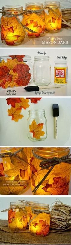 the steps to make mason jars with fall leaves and candles in them are shown here