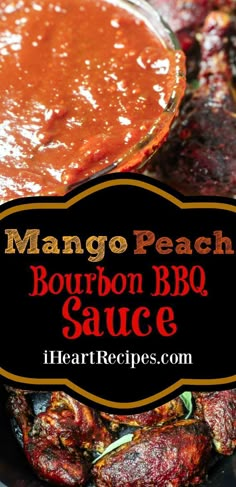 mango peach bourbon bbq sauce in a skillet with the words, mango peach bourbon bbq sauce