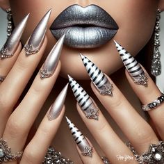 Elevate your interior decor with this striking digital artwork showcasing high-glam metallic silver nails adorned with zebra stripes and intricate jewel accents. Complemented by bold metallic lips and sparkling jewelry, this design exudes sophistication and edgy elegance. Perfect for beauty salons, fashion-forward spaces, or as a statement piece for art lovers. Add a touch of luxury and modern style to your walls with this high-resolution print. Makes an excellent gift for nail art enthusiasts o Lips Nail Art Designs, Zebra Stripe Nails, Silver Lips, Lips Art Print, Black White Nails, Salon Wall Art, Silver Nail Art, Nail Salon Decor